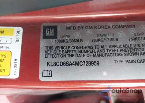 2021 Chevrolet Spark Fwd 1Lt Automatic from USA, damaged, VIN KL8CD6SA4MC728959